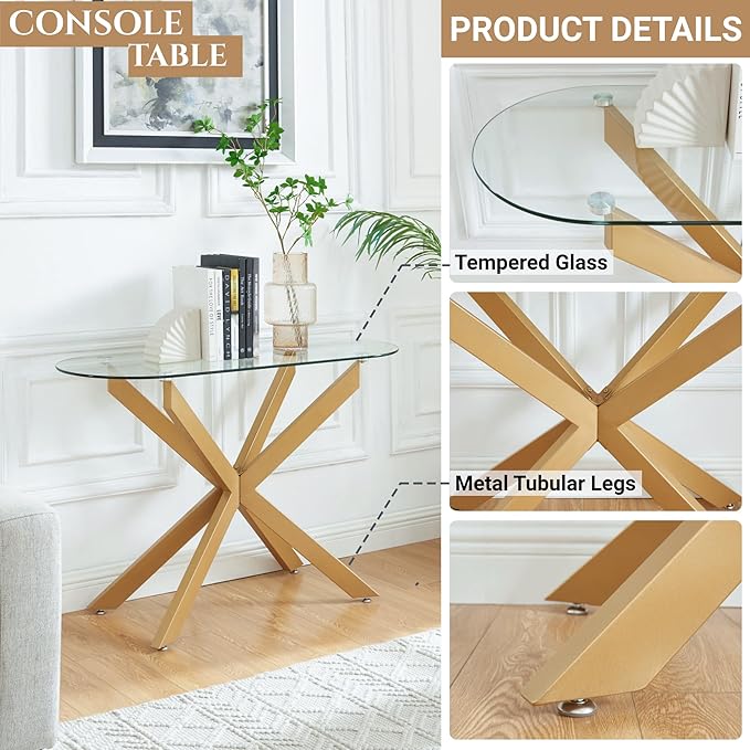 Gold Glass Oval Console Table, Modern Style Entryway Hallway Narrow Sofa Table, Entrance for Entryway, Living Room, Foyer, Hallway, Office， 45" Lx18 Wx30 H Gold