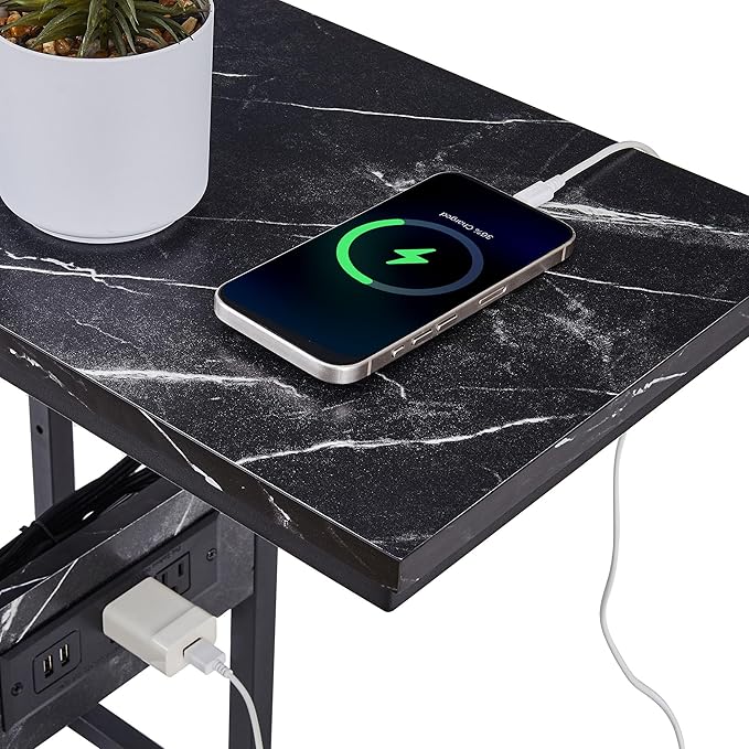 VECELO C Shaped End Side Table with Charging Station & Power Outlets for Couch Sofa/Bed Snack TV Tray with Metal Frame for Living Room Bedroom 1 Set, Black Marble