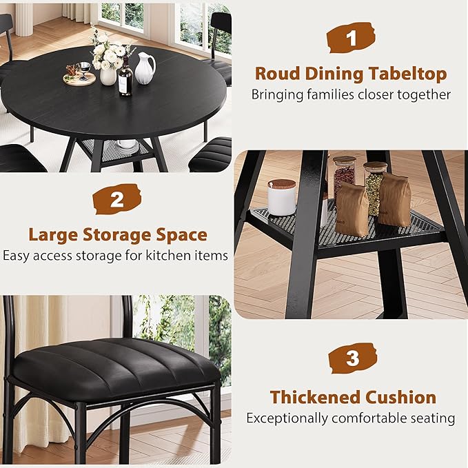 Round Dining Table Set for 4, Kitchen Table and Chairs for 4, Circle Table Round Pedestal Dining Room Dinner Dinette Table Set,5 Piece Space Saving Wood Kitchen & Dining Room Tables (Black, 47In)