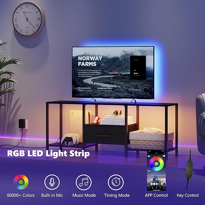 TV Stand with LED Lights, Entertainment Center with Open Shelves and Fabric Drawer, Media Console for 55 Inch TV, Television Stands for Living Room, Bedroom, Black