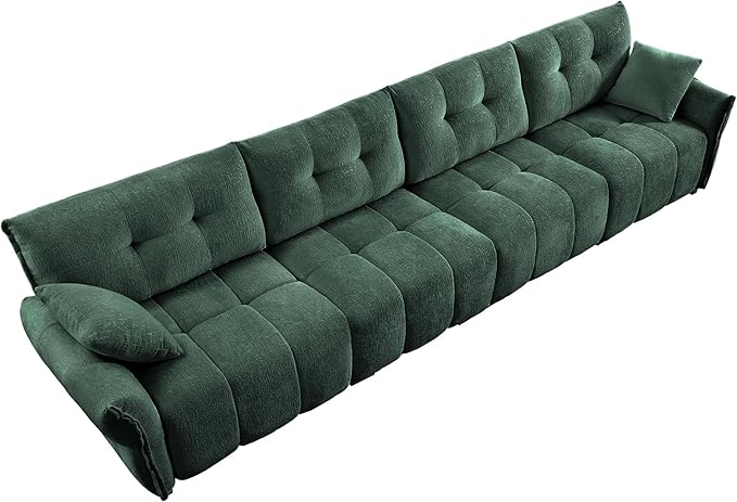 Modern Chenille Fabric 4-Seat Sofa w/ 2 Pillows, Premium Upholstery Living Room Couch with Tufted Backrest & Comfortable Armrests and High-Resilience Memory Foam Cushions,Green