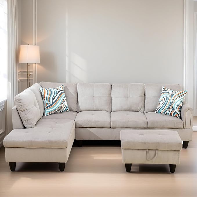 L Shaped Sectional Couches for Living Room, Modern Modular Sectional Sofa with Ottoman Storage, Comfy L Shaped Couch with Chaise for Bedroom Apartment Furniture, Gray