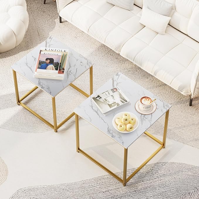 Garden 4 you Coffee Table Set of 2, Modern Engineered Wood Nesting Table, Metal Frame Square Center Table Set, Side Tables, Nesting Coffee Table for Living Room, Bedroom and Small Spaces, 19.7in Gold