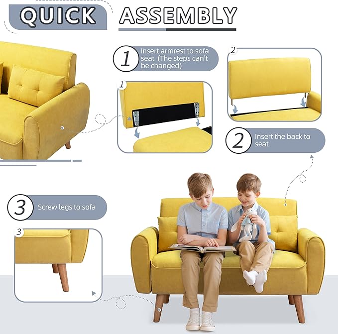 Shintenchi 47" Small Modern Loveseat Couch Sofa, Fabric Upholstered 2-Seat Sofa, Love Seat Furniture with 2 Pillows, Wood Leg for Small Space, Living Room, Bedroom, Apartment, Yellow