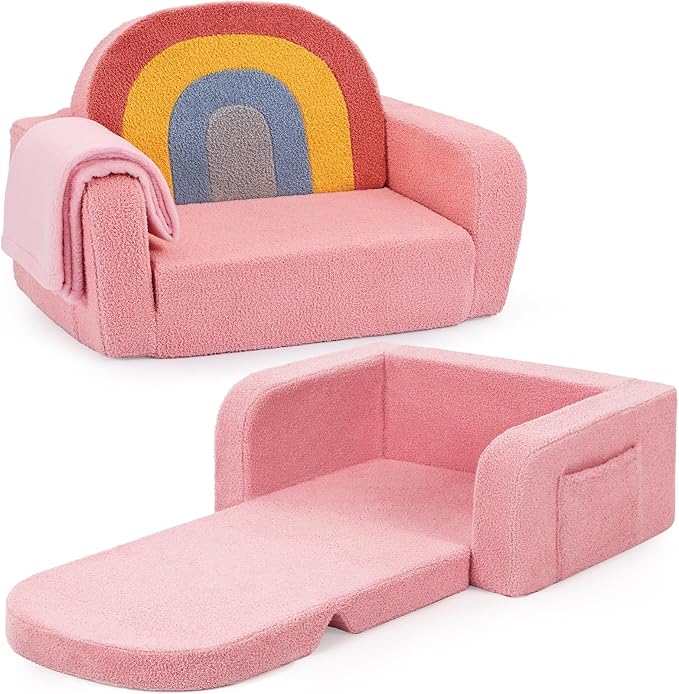 Kids Couch, 2-in-1 Soft Toddler Couch Fold Out with Blanket, Comfy Toddler Chair, Convertible Sofa to Lounger, Convertible Sofa to Lounger, Gifts for Kids Girl Boys, Medium Colorful Pink Rainbow