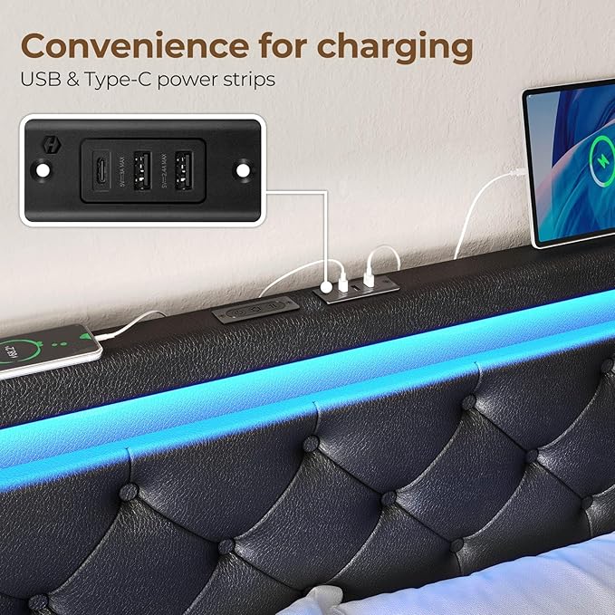 Rolanstar Queen Bed Frame with 4 Storage Drawers and Charging Station, Queen Bed with Led Lights, 2 USB & 1 Type C, Adjustable Headboard 38.9/40.8 Inches, No Box Spring Needed, Black