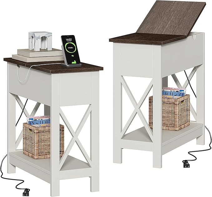 ChooChoo End Table with Charging Station, Narrow Flip Top Side Table with USB Ports & Power Outlets for Small Spaces, Nightstand Sofa Table for Living Room, Bedroom, White and Brown, 2 Pack