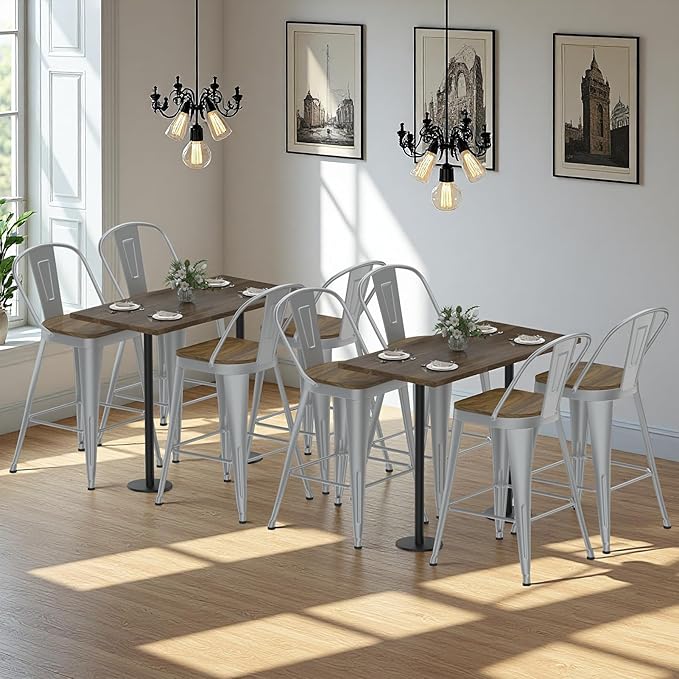 Metal Bar Stools Set of 4, High Back Bar Stools with Wooden Seat, 26 inch Silver Barstools for Kitchen Island