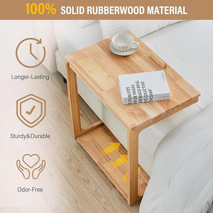 CozyDH Adjustable C Shaped End Table, Solid Wood Rolling Side Table, TV Sofa Tray Table for Couch Arm Eating Multi-Purpose, Small Coffee Table with Wheels Living Room Bedroom, Natural