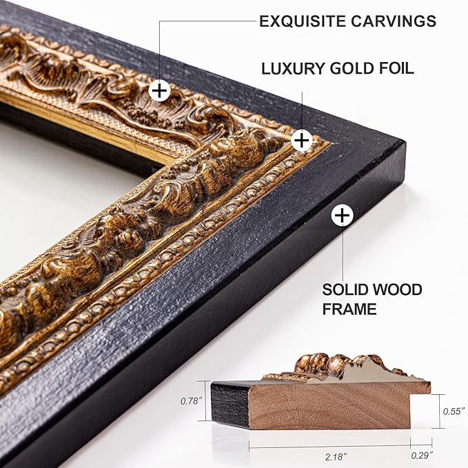 Gold Vintage Mirror 40”x28”, Black Gold Decorative Mirror with Gold Foil Flower Petal Carvings Wooden Frame for Luxe Living Room, Entryway, Bathroom and Bedroom