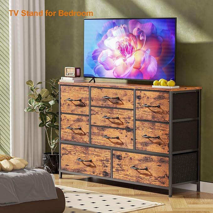 Furnulem Dresser for Bedroom with 9 Fabric Drawers for 55'' Long TV Stand Entertainment Center & Chest of Drawer, Wide Dresser Storage for Living Room, Dorm, Entryway, Sturdy Metal Frame, Rustic Brown