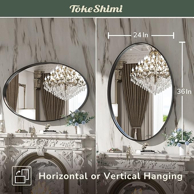 TokeShimi Black Oval Mirrors for Wall Decor 24x36 Inch with Non-Rusting Aluminum Alloy Brushed Matte Framed Wall Mounted for Bathroom, Entryway, Living Room, Bedroom,Vanity or Horizontal
