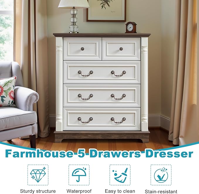 31.5" Farmhouse Sideboard Buffet Cabinet with Storage, Kitchen Buffet Storage Cabinet with 5 Drawers, Modern Wood Accent Sideboard for Living Room, Kitchen, Hallway(Antique White)