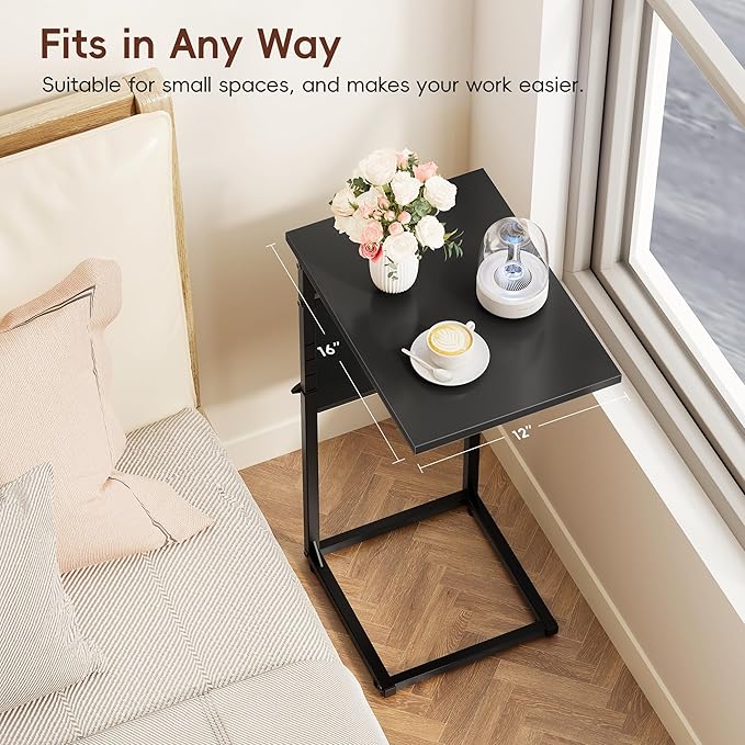 VAGUSICC C Shaped End Table, 33"Tall Side Table for Couch, Adjustable Height Sofa Table Small Couch Side Tables, Laptop Recliner Tables Slide Under Sofa TV Tray Arm Table for Living Room Bedroom,Black