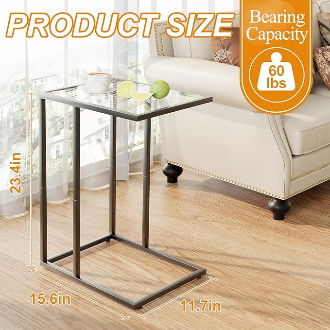 C Shaped End Table, Glass Couch Side Tables for Living Room, Small Modern Sofa Table with Metal Frame, TV Tray Table for Bedroom, Office, Small Space, Black