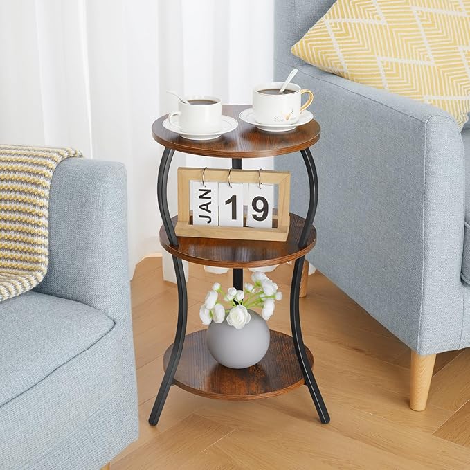 Vintage Small Round Side Table, 3-Tier Slim Waist Circular End Table with Storage Shelf, Compact Tea Sofa Table, Round Corner Coffee Table Nightstand for Living Room Bedroom Small Spaces,Rustic Brown