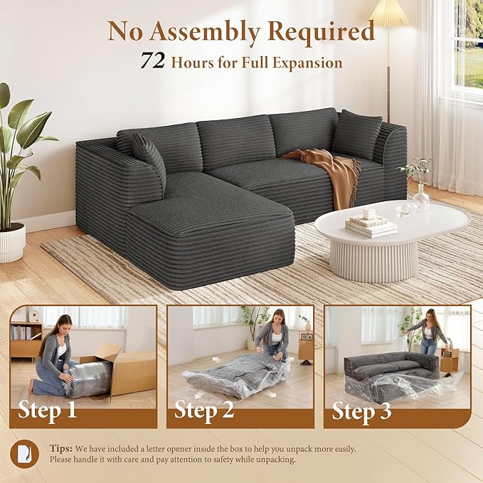Vesgantti 106" Boneless Couch with Chaise, Deep Seat Comfy Cloud Modular Sofa Corduroy Memory Foam Sectional Couches for Living Room Bedroom, No Assembly Required (Grey, Left-Facing Chaise)