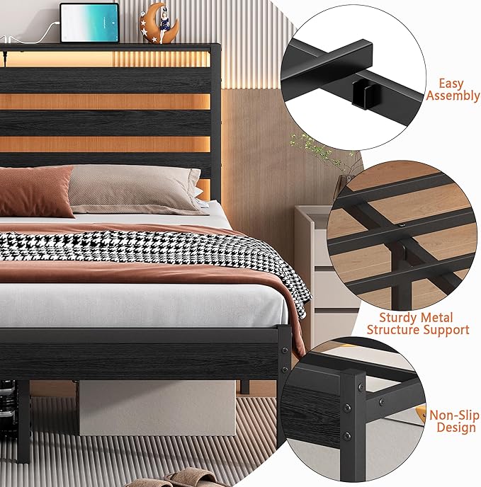 14 Inch Classic Metal Platform Bed Frame-Full Size Bed Frame with Headboard,Steel Slats Support-LED Bed Frame with USB Charging Station,Under Bed Storage,No Box Spring Needed,Noise Free