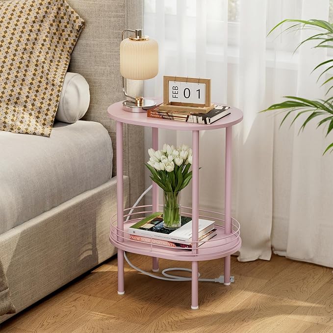 Small Round Side Table with Charging Station,Bedside Table with 2 USB Ports and Outlets, Morden Round Nightstand, Samll Side Table for Living Room,Bedroom, Nursery, Laundry, Pink