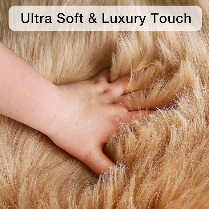 duduta Beige Faux Sheepskin Round Rug 4x4 ft, Fluffy Shag Fur Bedroom Nursery Kids Playroom Rug Dorm Decor Non Slip Washable