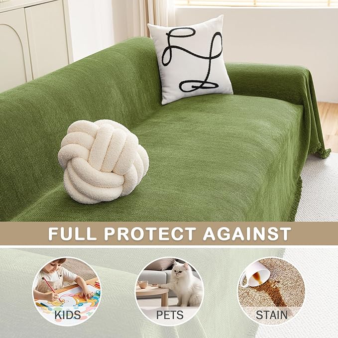 hyha Couch Cover for Dogs, Boho Sofa Covers for 3 Cushion Couch Washable, Chenille Sofa Slipcover for Pets, Soft Loveseat Sectional Couch Throw Blankets with Tassels (Green, 88.5x150 Inch)