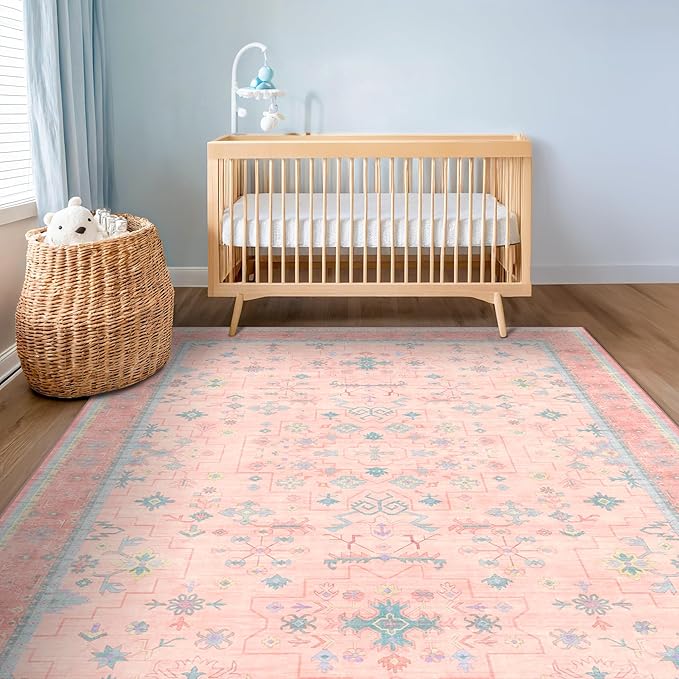 Washable Pink and Blue 6x8 Boho Rugs for Bedroom Girls, Living Room Kids Playroom Nursery Room, Modern Floral Distressed Design, Soft Low Pile Non Slip Stain Resistance Carpet