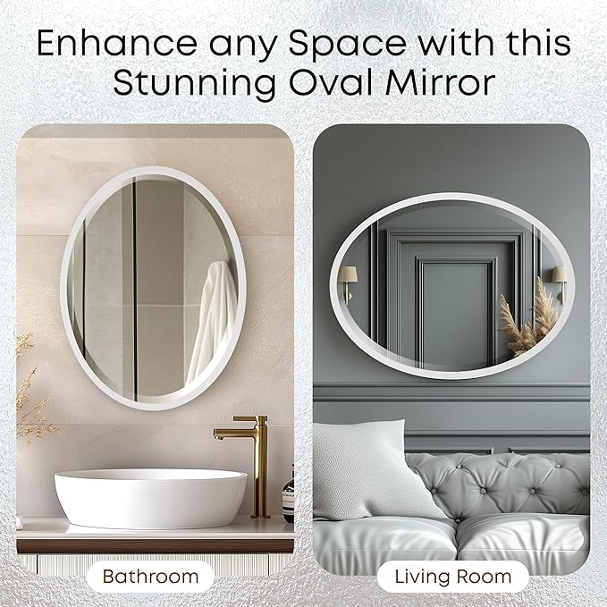 OVALCREST - Oval Wooden Beveled Wall Mirror for Home Decor, Bathroom, Vanity, Bedroom, Living Room, Hallway - London Style (Linen White) 25.1 x 37.1