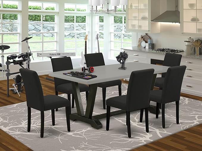 East West Furniture V697AB624-7 7 Piece Modern Dining Table Set Consist of a Rectangle Wooden Table with V-Legs and 6 Black Color Linen Fabric Upholstered Chairs, 40x72 Inch, Multi-Color