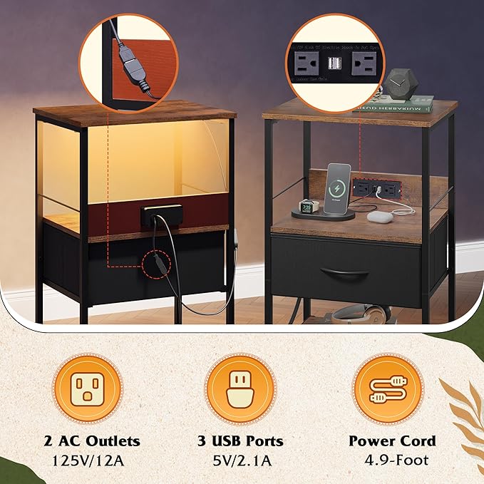 WLIVE LED Night Stand, Nightstand with Charging Station, Small Bed Side Table with Fabric Drawer and Open Shelves, Tall End Table with USB Ports & Outlets, Black and Rustic Brown