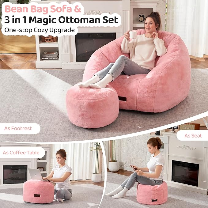 HABUTWAY Bean Bag Chair, Giant Bean Bag Chairs for Adults with Ottoman, Comfy Faux Fur Shell-Shaped Bean Bag Couch, Sofa Chair for Living Room, Bedroom, Pink