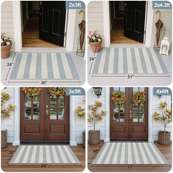 OJIA Washable Area Rugs 4'x6', Striped Outdoor Rug Cotton Woven Entryway Rugs Indoor Patio Rugs Carpet Large Area Rugs for Bedroom/Porch/Deck/Backyard/Camping/Living Room (Blue/White/Tan)