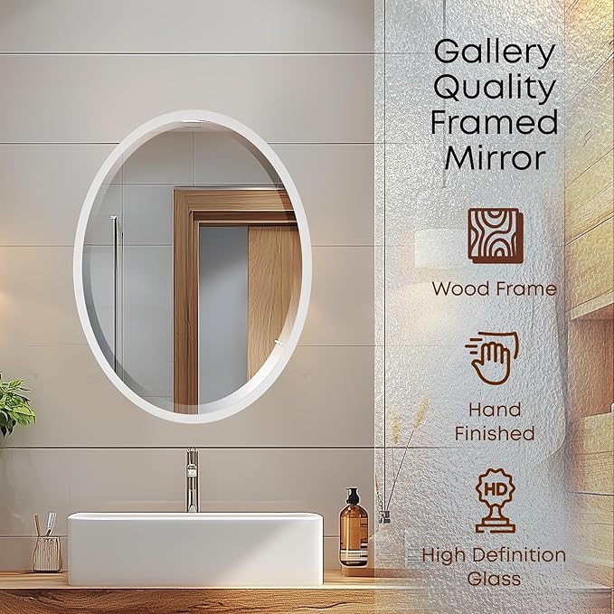 OVALCREST - Oval Wooden Beveled Wall Mirror for Home Decor, Bathroom, Vanity, Bedroom, Living Room, Hallway - London Style (Linen White) 23.1 x 29.1
