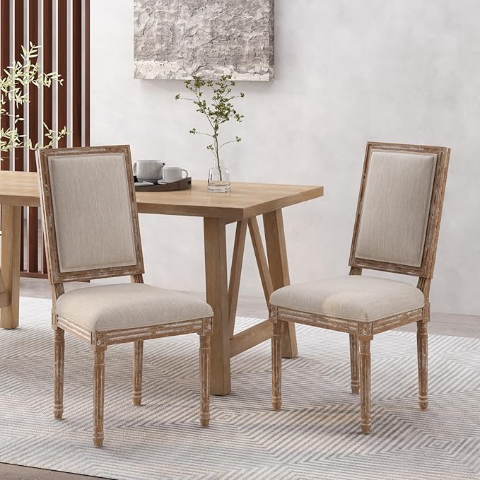 Merax Upholstered Solid Wood Dining Chairs Set of 2, French Country Style Accent Side Seating Furniture for Kitchen, Living Room, Cushioned Back, Beige