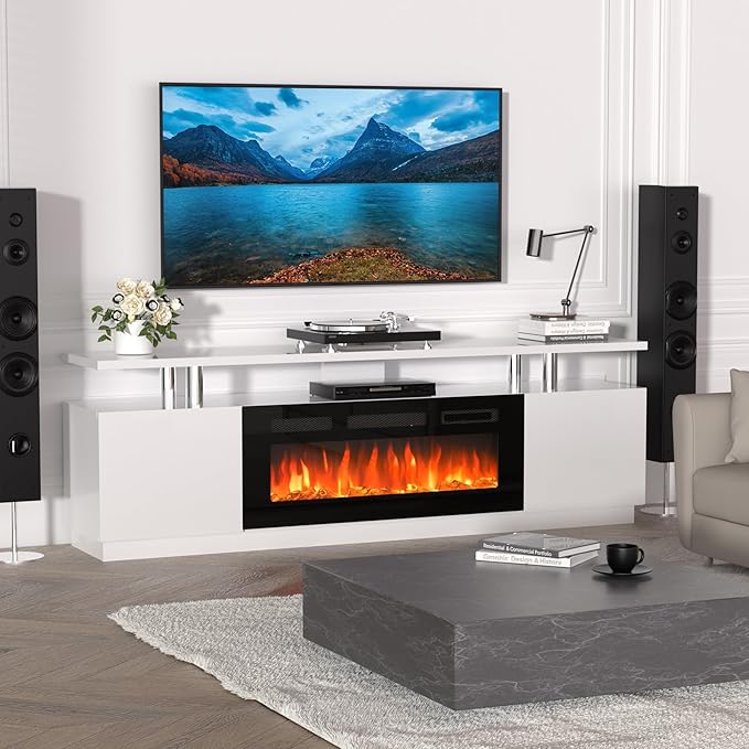 GarveeHome 70 Inch Fireplace TV Stand with 36 Inch Electric Fireplace, 12 Colors LED Lights, 750W/1500W for Max 80 Inch TV, 2 Tier Storage 2 Door Cabinet
