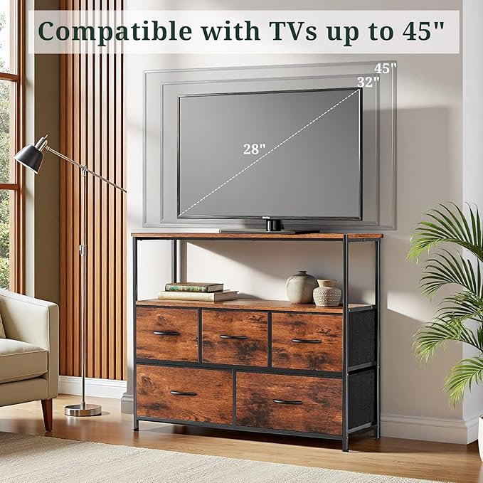 TV Stand, 5 Fabric Drawers Dresser Entertainment Center for TV up to 45 inch Wooden Media Console Table Storage Organizer with Open Shelf, for Living Room, Bedroom, or Small Space, Brown