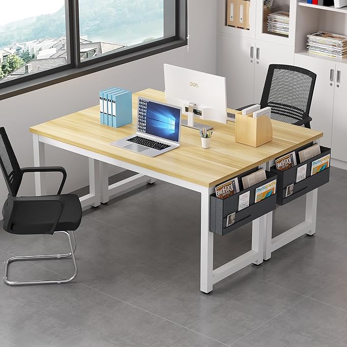 Large Computer Desk - 63 Inch Home Office Desks Study Student Writing Table Gaming Desk Wood Modern Simple Table with Storage Bag & Headphone Hooks, Rustic White