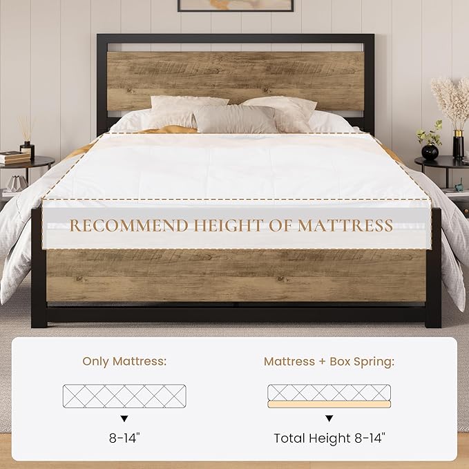 SHA CERLIN Queen Size Bed Frame with Modern Headboard, Heavy Duty Platform Metal Base with Square Footboard and 13 Strong Slats Support, No Box Spring Needed, Brown