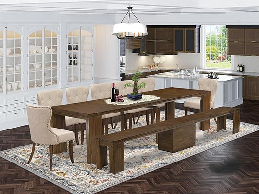 X07SI-B08-04 - 9 Pieces Mid Century Dining Set includes an Extendable Rectangle Kitchen Table, 7 Dining Chairs and 1 Modern Bench, 39x120 Inch, Antique Walnut