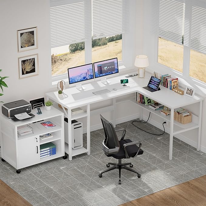 Unikito Reversible L Shaped Computer Desk with Magic Power Outlets and USB Charging Ports, Sturdy Corner Desk with Storage Shelves, Durable Work Desk for Home Office, Easy to Assemble, White