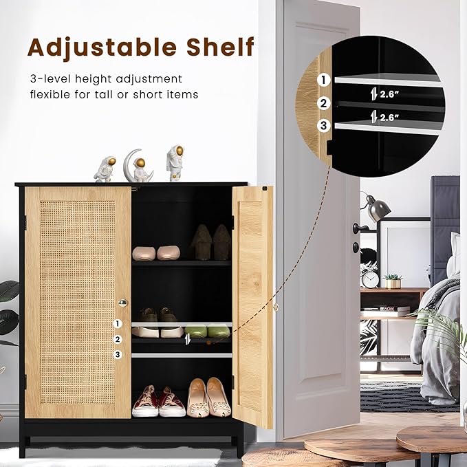 Iwell Storage Cabinet with Rattan Doors, Bathroom Storage Cabinet with Adjustable Shelf, Floor Cabinet for Living Room, Entryway, Kitchen, Home Office, Black