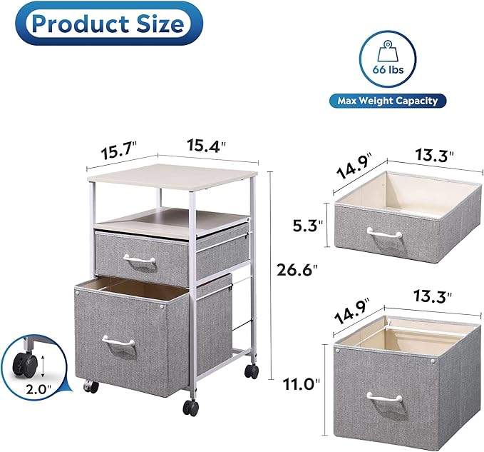 DEVAISE 2 Drawer Mobile File Cabinet, Rolling Printer Stand with Open Storage Shelf, Fabric Vertical Filing Cabinet fits A4 or Letter Size for Home Office, Light Grey