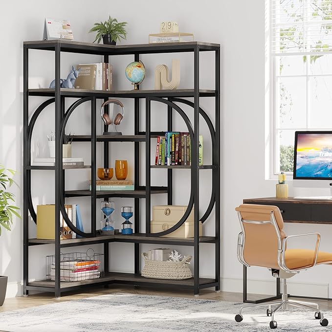 LITTLE TREE Large Corner Bookshelf Industrial Bookcase for Living Room Home Office,Grey