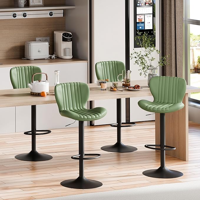 Shintenchi Bar Stools Set of 4 Modern Swivel Bar Chairs, Counter Height Faux Leather Metal Barstools, Upholstered Island Chairs with Back and Footrest, Green