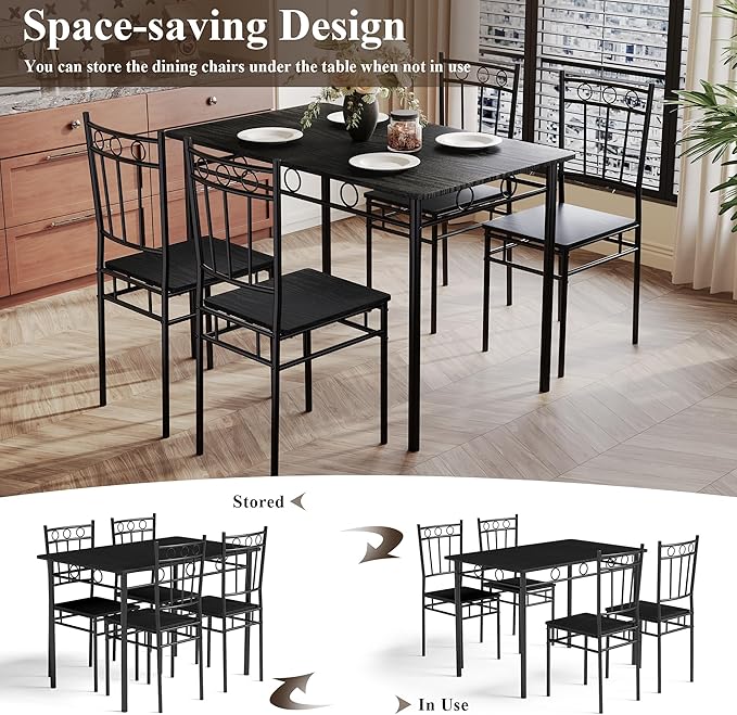 5 Piece Dining Table Set, Modern Metal&Wood Kitchen Dinner Table with 4 Chairs, Dining Room Table Sets for Small Spaces, Black