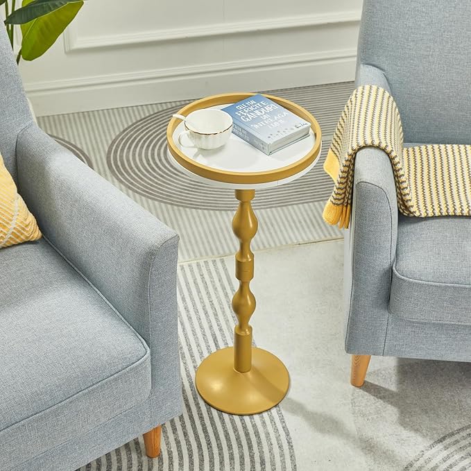 Small Round Drink Table,Pedestal Tables,Small Round Side Table for Narrow Spaces,End Table for Living Room, Bedroom, Bathroom,Balcony (White Gold)