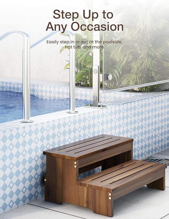 TINAMO 25" Acacia Bed Steps for High Beds for Adult 500 Lbs - 2-Step Wood Step Stool - Wooden Step Stool for Bed - Heavy Duty Hot Tub Steps & Hot Tub Stairs - Pool Ladder Above Ground (Walnut Color)