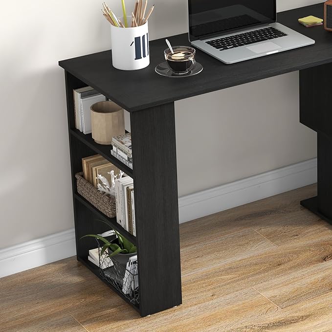 HOMCOM L Shaped Desk, Corner Computer Desk, 360 Degree Rotating Home Office Desk with Storage Shelves, Writing Table Workstation, Black