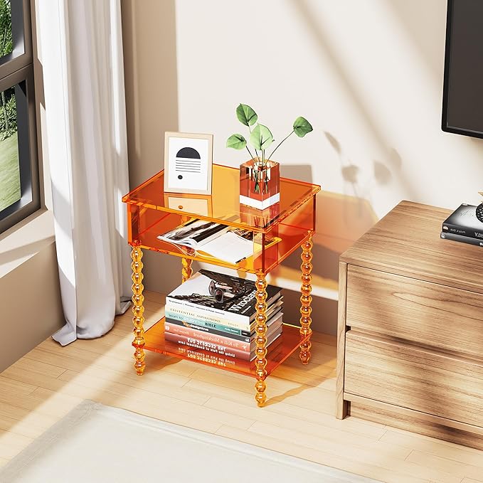 Acrylic Side Table, Clear 3-Tier End Table with Storage, Nightstand for Living Room, Bedroom, Office (Orange, 11.8 ×15.7 × 19.7)