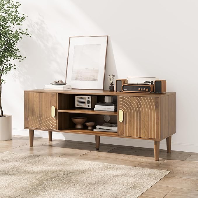 Smuxee Walnut TV Stand with Line Groove Design, 47.2" Mid Century Modern TV Media Console for TVs up to 55", TV Cabinet with Adjustable Shelf & 2 Cabinets for Living Room