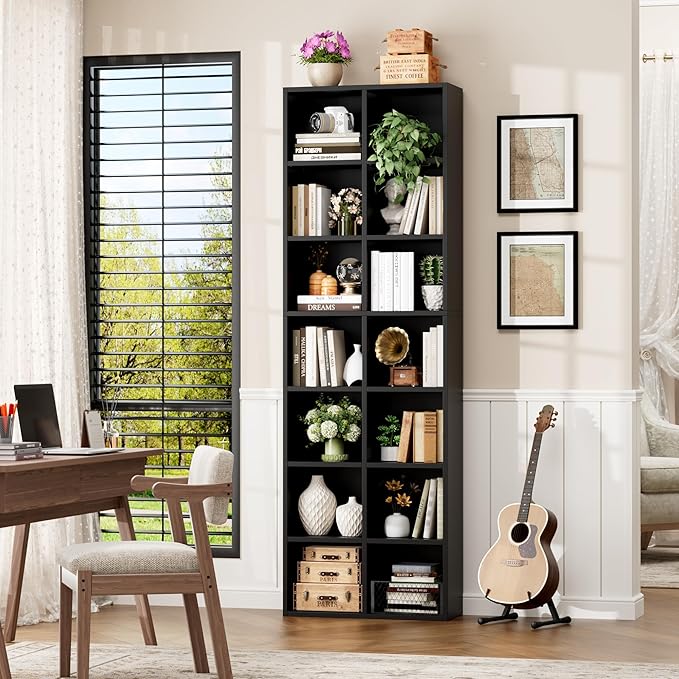 FOTOSOK 71'' Tall Bookshelf, Double Wide Media Tower Rack CD DVD Rack Display Cabinet with Adjustable Shelves, Tall Narrow Bookcase Black Bookshelf for Home Office, Black